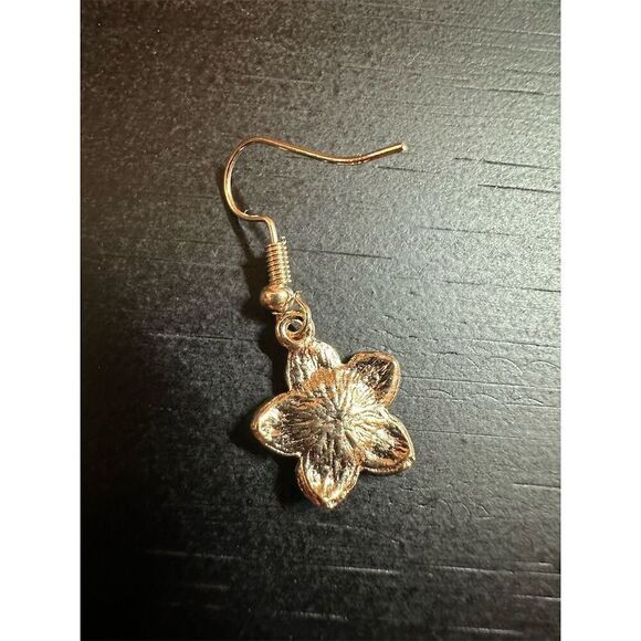 Blue and Gold Enamel Flower Dangle Earrings Floral Hook Closure - Picture 2 of 4